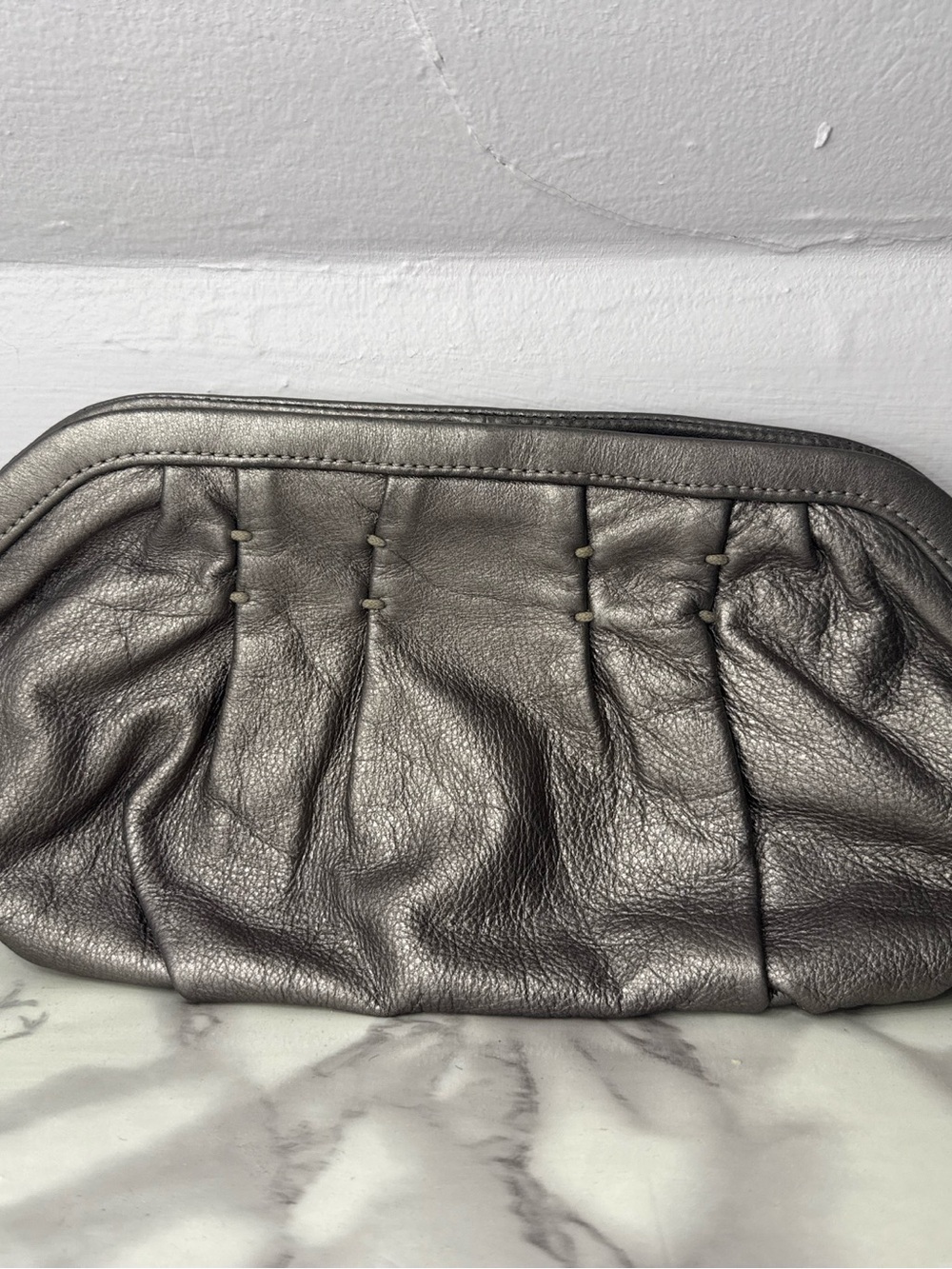 GAP Metallic Pewter Leather Pleated Clutch